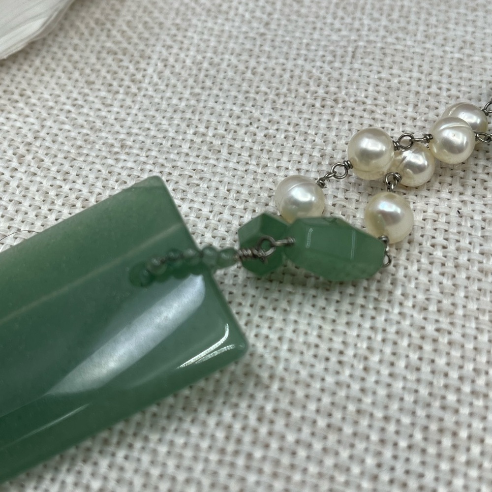 Vintage Green Jade Nephrite & Pearl Sterling Silver Necklace 925 Estate 16" - Picture 14 of 17